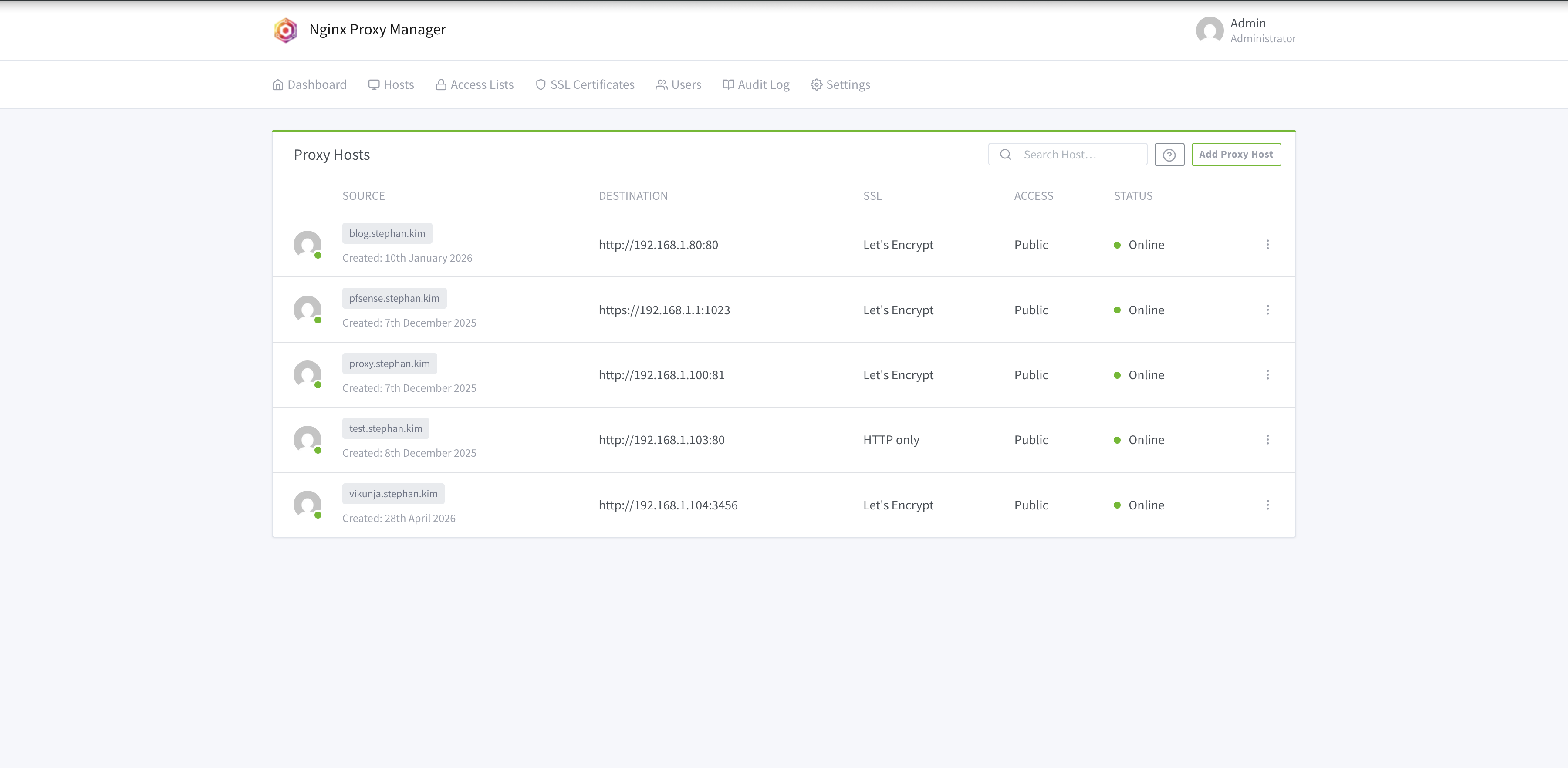 도메인별 서비스를 라우팅하는 Nginx Proxy Manager 화면